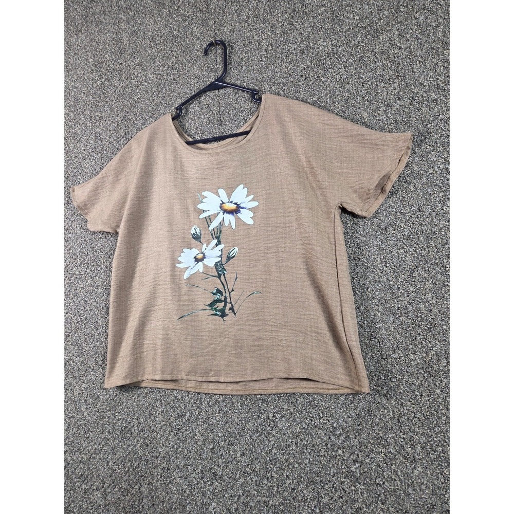 Shein Women's Large Beige Floral Graphic Crop Top Boho Short Sleeve Tee